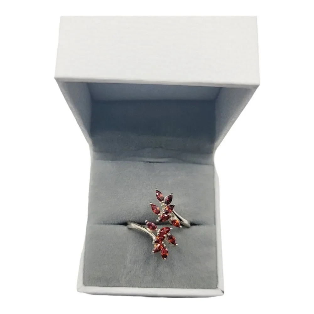 Vintage 925 Silver Garnet Branch Leaves Design 12 Stone Ring Size 9 Adjustable